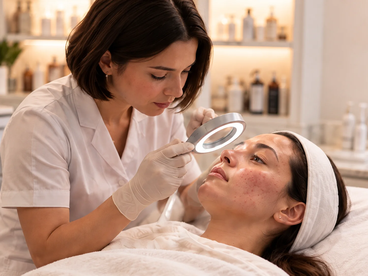 Profesional realizando una valoración facial con lupa