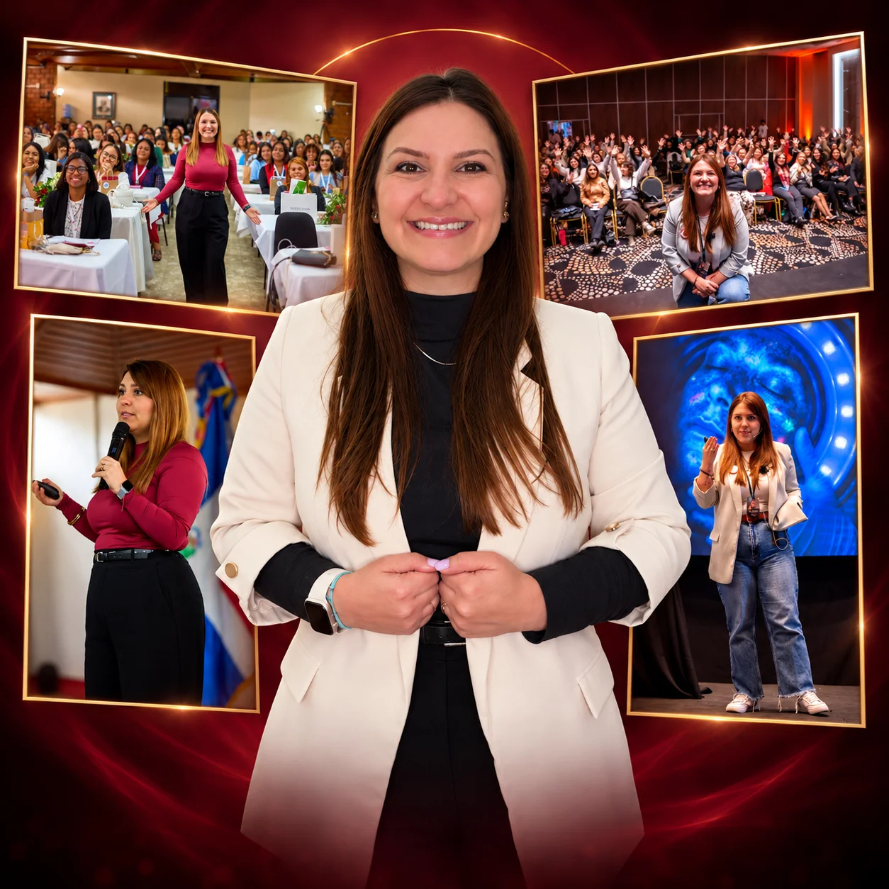 Collage completo de Dianela Draganov con blazer marfil y cuatro fotografías de sus actividades